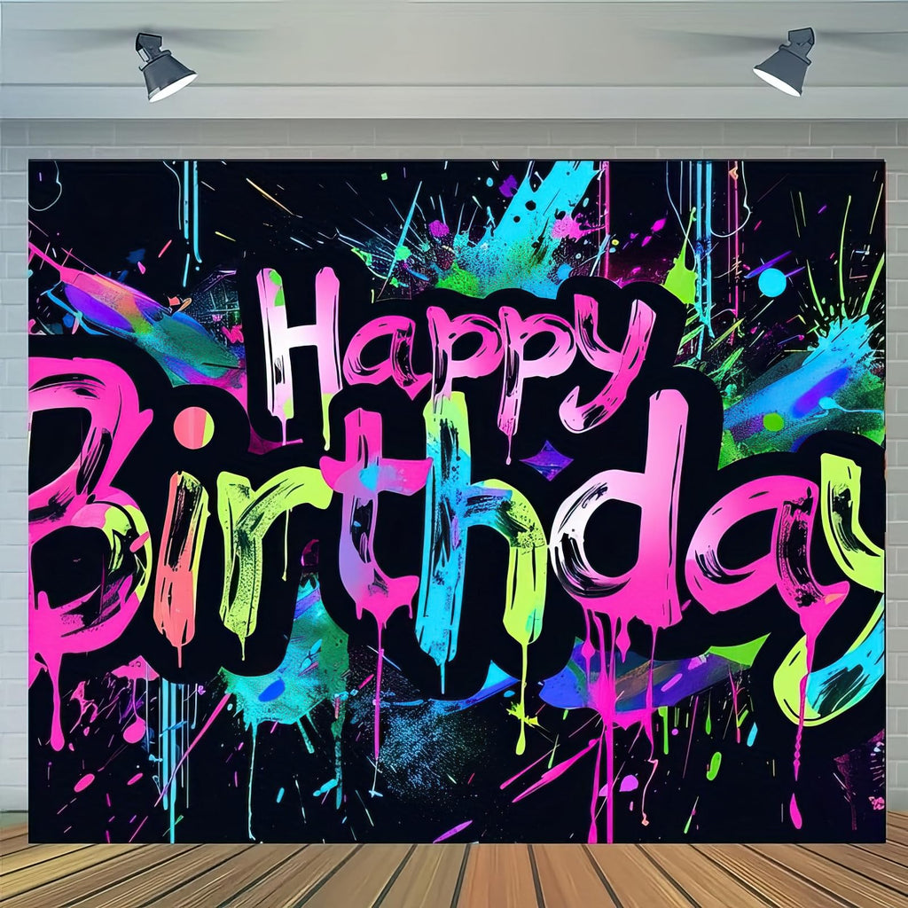 HOMETITUTE Neon Happy Birthday Banner 71x43 Glow in the Dark Backdrop for Parties