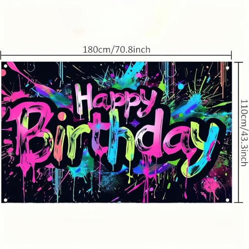 HOMETITUTE Neon Happy Birthday Banner 71x43 Glow in the Dark Backdrop for Parties