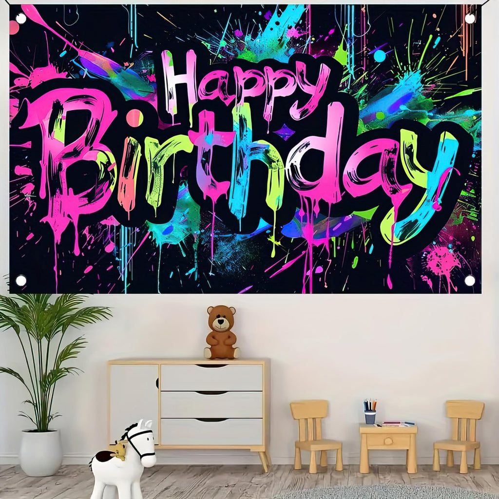HOMETITUTE Neon Happy Birthday Banner 71x43 Glow in the Dark Backdrop for Parties