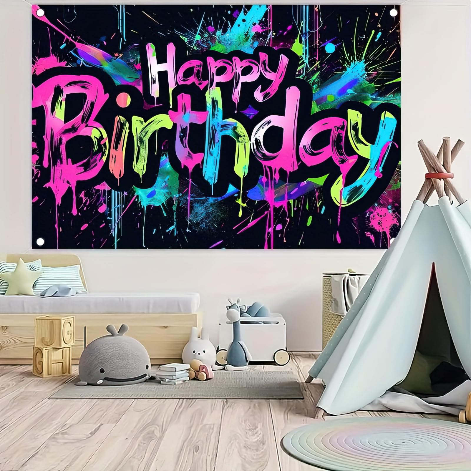 HOMETITUTE Neon Happy Birthday Banner 71x43 Glow in the Dark Backdrop for Parties