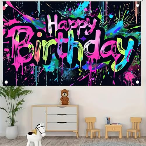 HOMETITUTE Neon Happy Birthday Banner 71x43 Glow in the Dark Backdrop for Parties