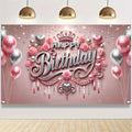 HOMETITUTE Pink Happy Birthday Banner Backdrop 71x43 Inch - Glitter Roses Balloons Design for Girls Women Party Decoration
