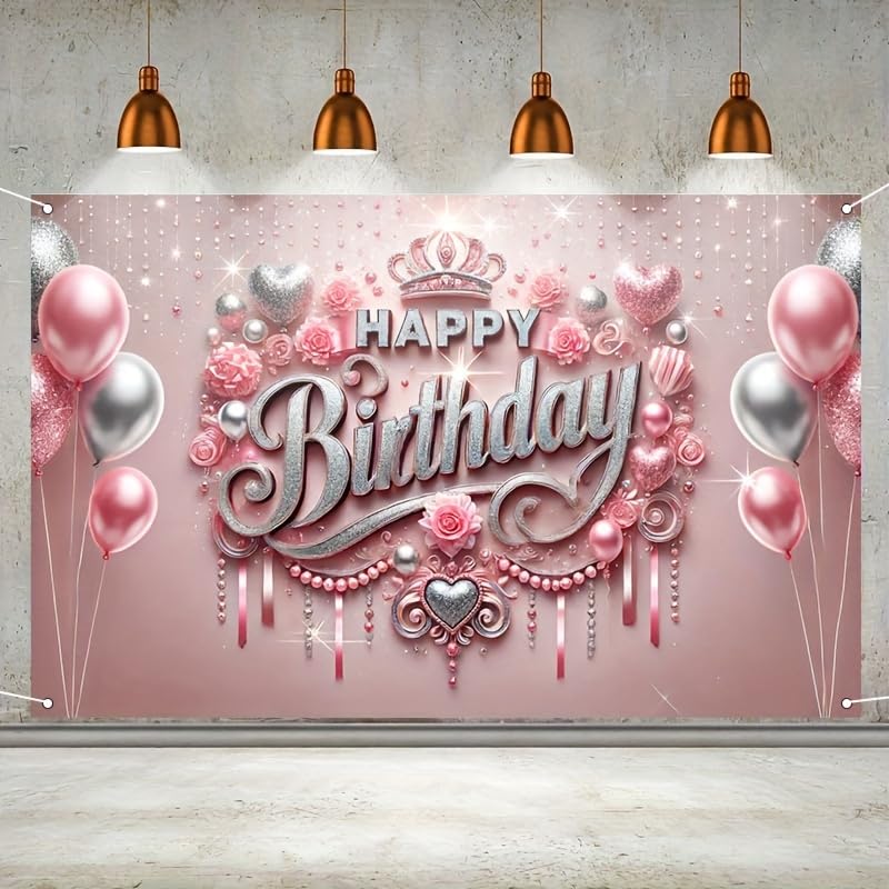 HOMETITUTE Pink Happy Birthday Banner Backdrop 71x43 Inch - Glitter Roses Balloons Design for Girls Women Party Decoration