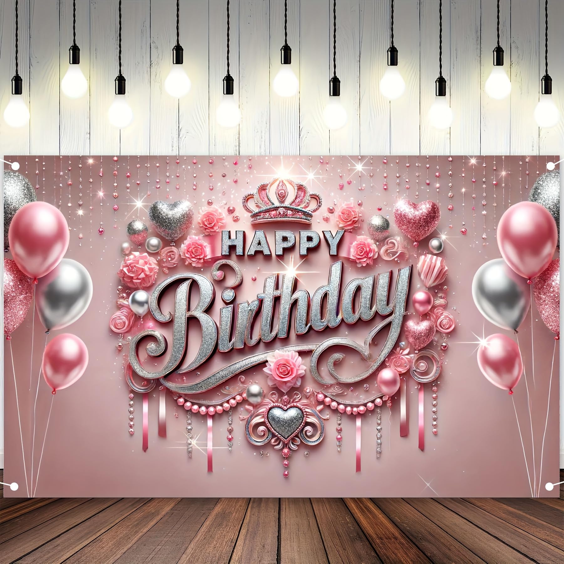 HOMETITUTE Pink Happy Birthday Banner Backdrop 71x43 Inch - Glitter Roses Balloons Design for Girls Women Party Decoration