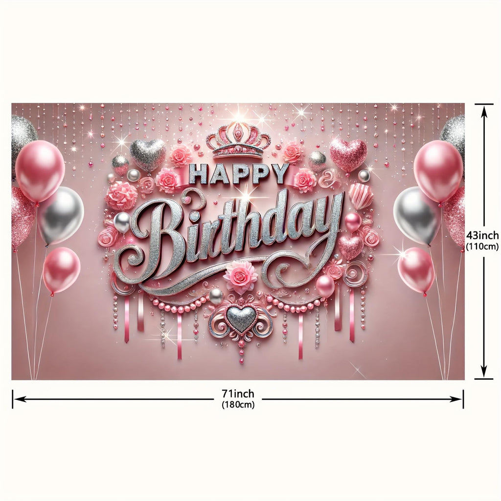HOMETITUTE Pink Happy Birthday Banner Backdrop 71x43 Inch - Glitter Roses Balloons Design for Girls Women Party Decoration