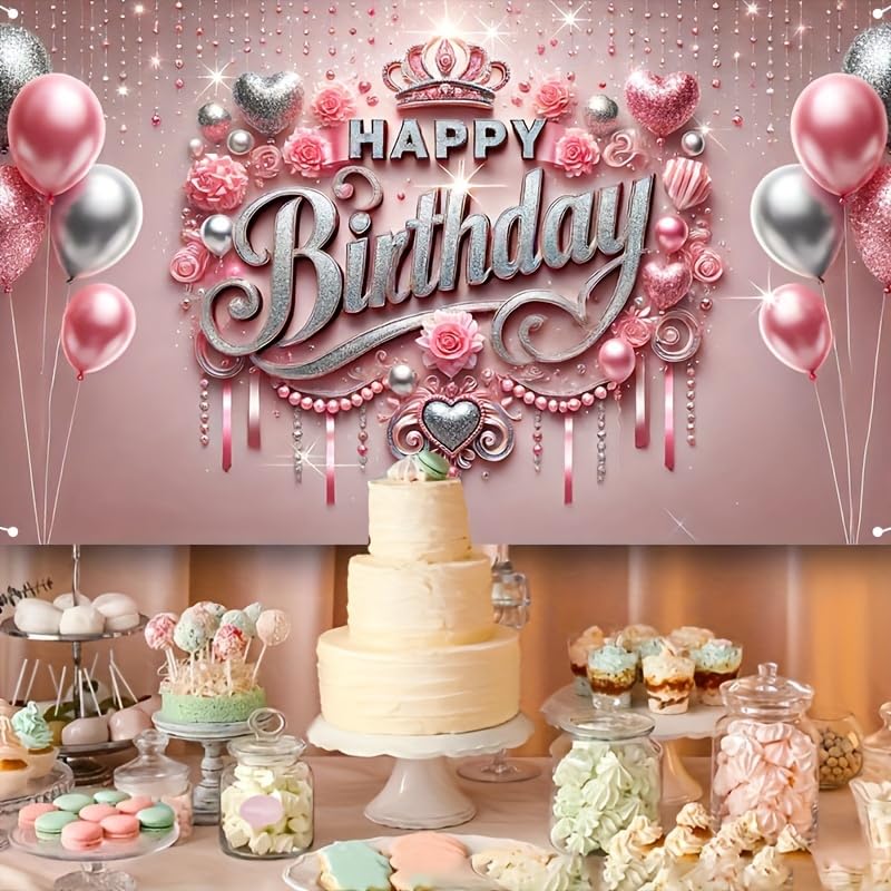HOMETITUTE Pink Happy Birthday Banner Backdrop 71x43 Inch - Glitter Roses Balloons Design for Girls Women Party Decoration