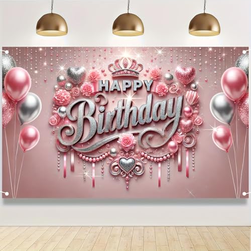 HOMETITUTE Pink Happy Birthday Banner Backdrop 71x43 Inch - Glitter Roses Balloons Design for Girls Women Party Decoration