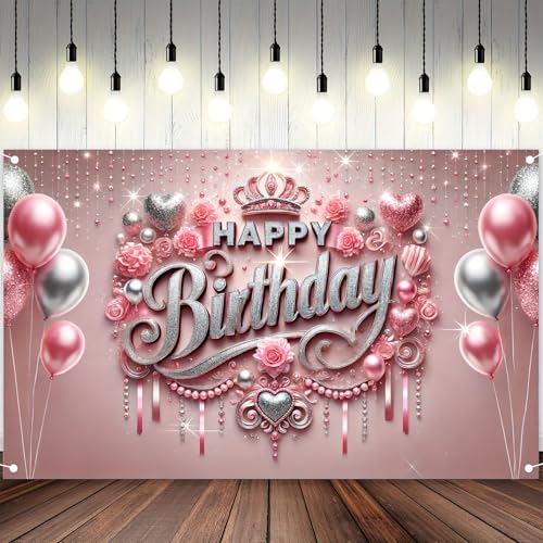 HOMETITUTE Pink Happy Birthday Banner Backdrop 71x43 Inch - Glitter Roses Balloons Design for Girls Women Party Decoration