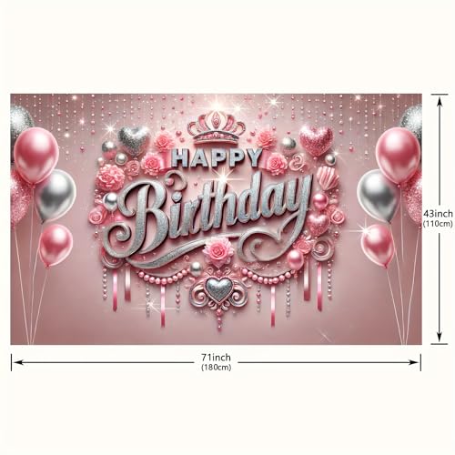 HOMETITUTE Pink Happy Birthday Banner Backdrop 71x43 Inch - Glitter Roses Balloons Design for Girls Women Party Decoration