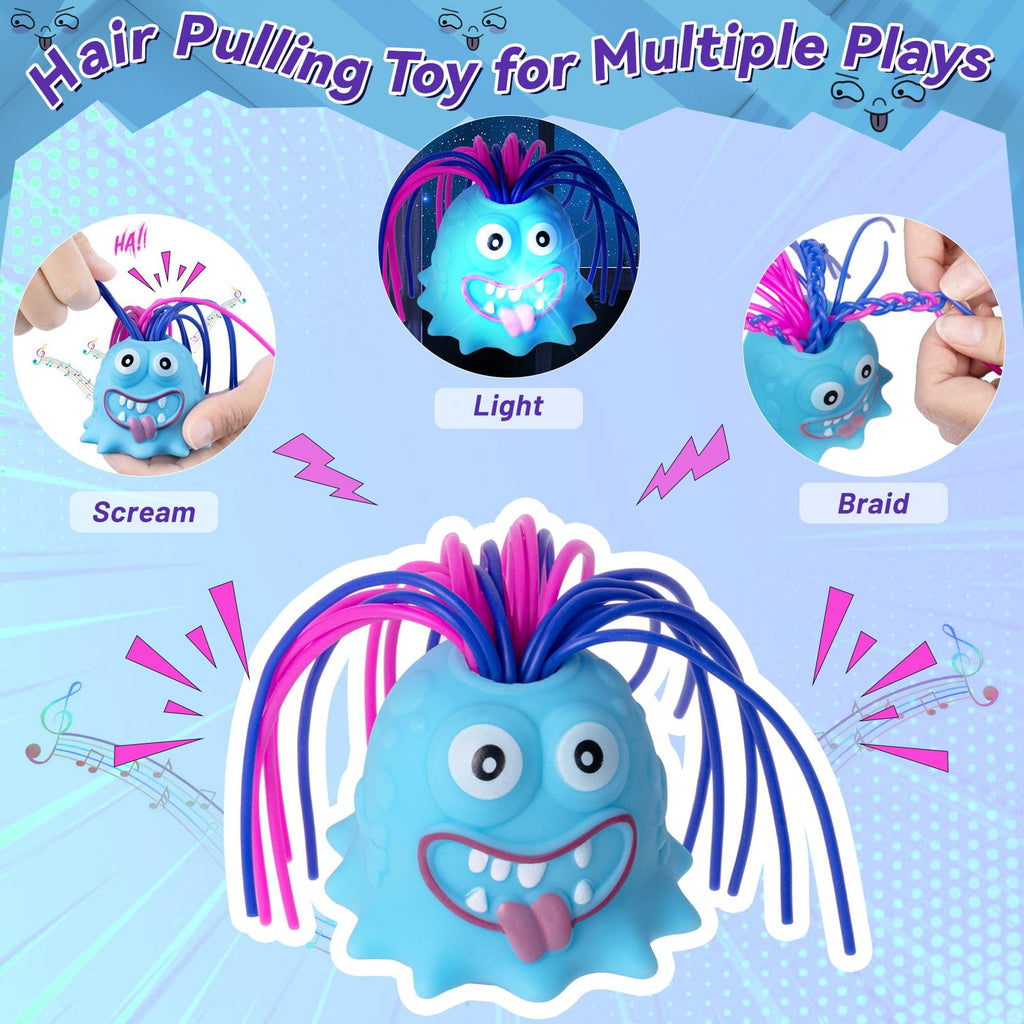 HOMQYTE Hair-Pulling Screaming Monster Fidget Toy – LED Light, Stress Relief Gag Toy, 2-Pack (Blue & Purple)