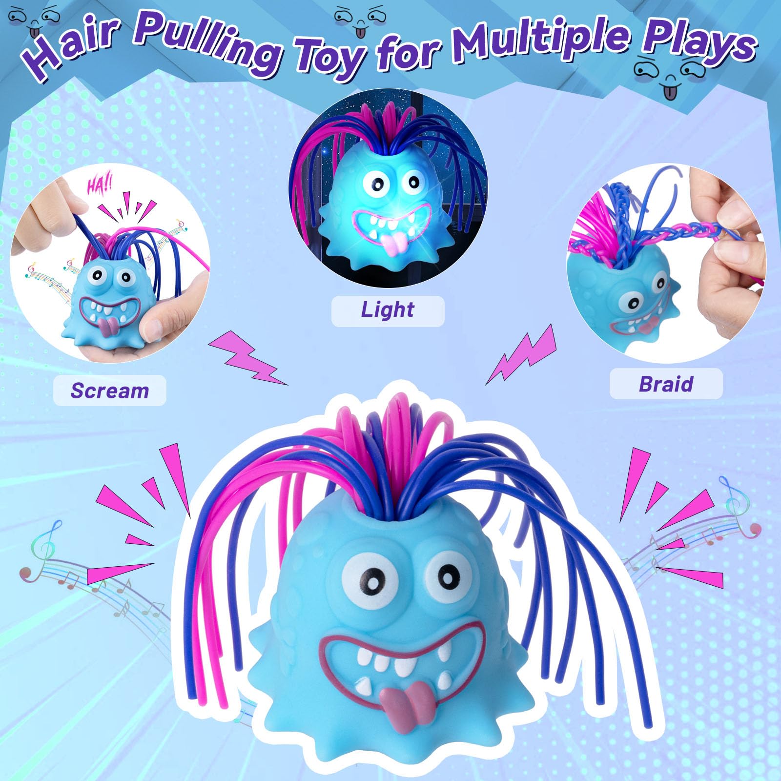 HOMQYTE Hair-Pulling Screaming Monster Fidget Toy – LED Light, Stress Relief Gag Toy, 2-Pack (Blue & Purple)