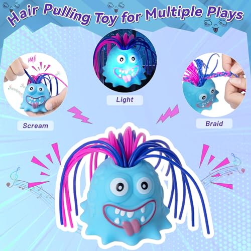 HOMQYTE Hair-Pulling Screaming Monster Fidget Toy – LED Light, Stress Relief Gag Toy, 2-Pack (Blue & Purple)