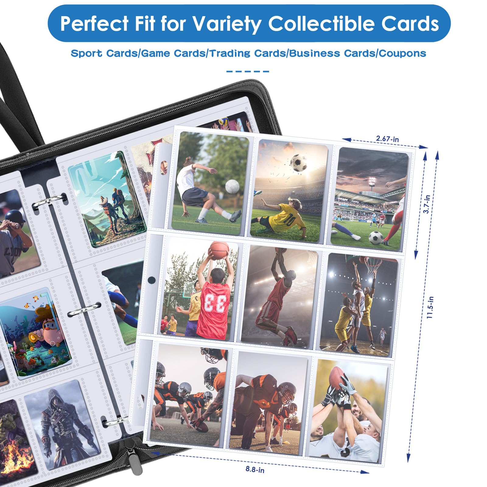 Homthy 900-Pocket 9-Slot Card Binder - Durable Leather Album for Trading Cards, Sports Cards, MTG, TCG, Black