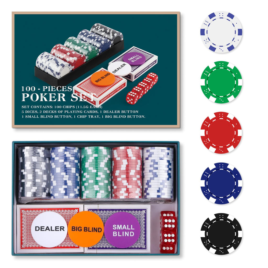 Homwom 100-Piece Poker Chip Travel Set – 11.5g Clay Composite Chips in Cardboard Box with Cards and Dice