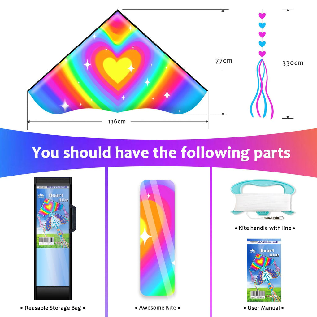 Honbo Large Delta Kite 53.5x30.3" – Easy to Fly for Kids & Adults with Colorful Tails and Handle Line Included