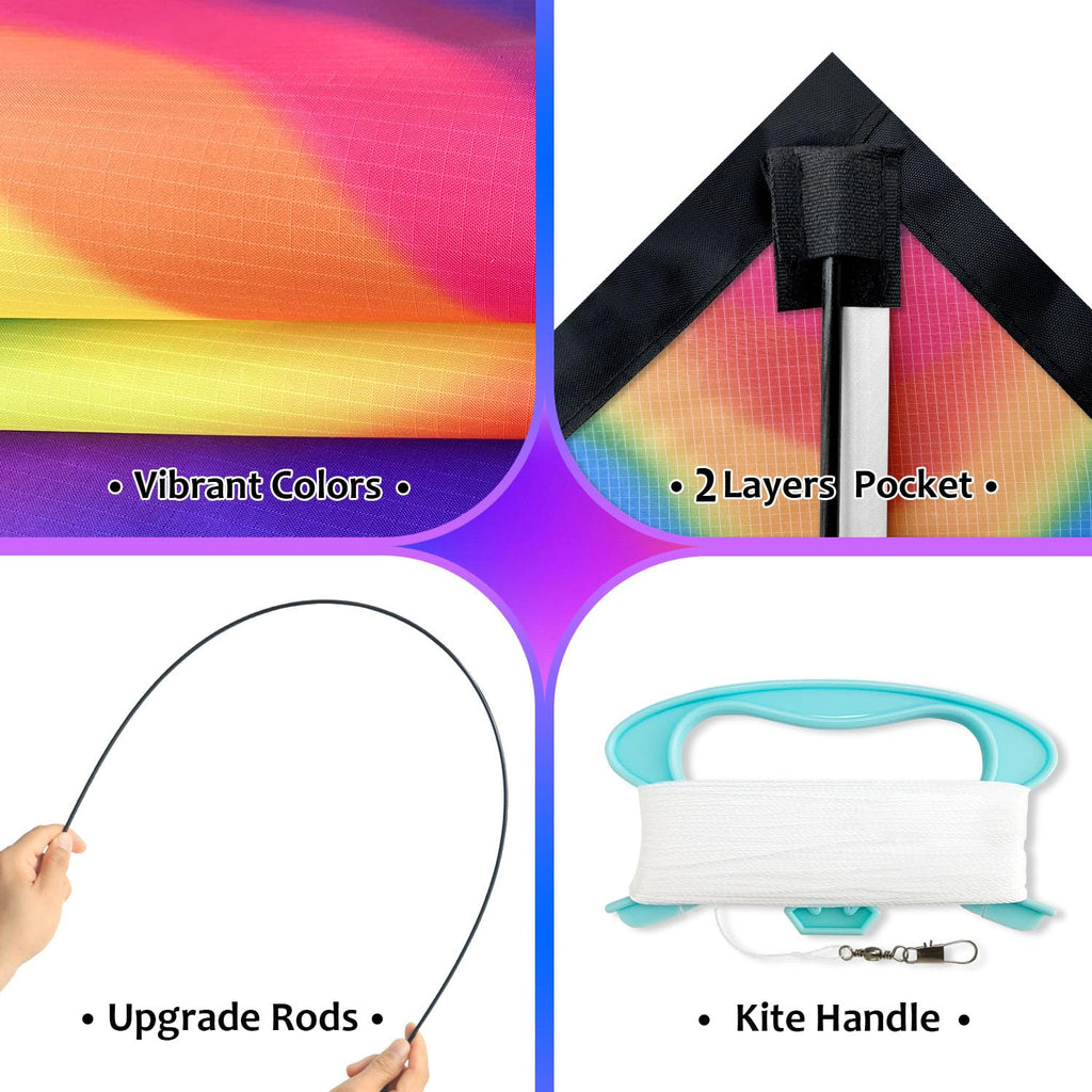 Honbo Large Delta Kite 53.5x30.3" – Easy to Fly for Kids & Adults with Colorful Tails and Handle Line Included