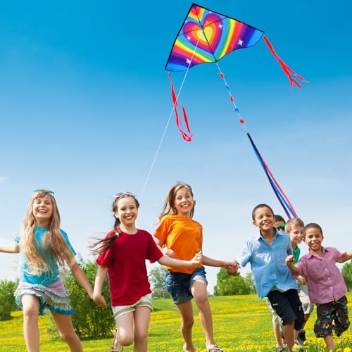 Honbo Large Delta Kite 53.5x30.3" – Easy to Fly for Kids & Adults with Colorful Tails and Handle Line Included