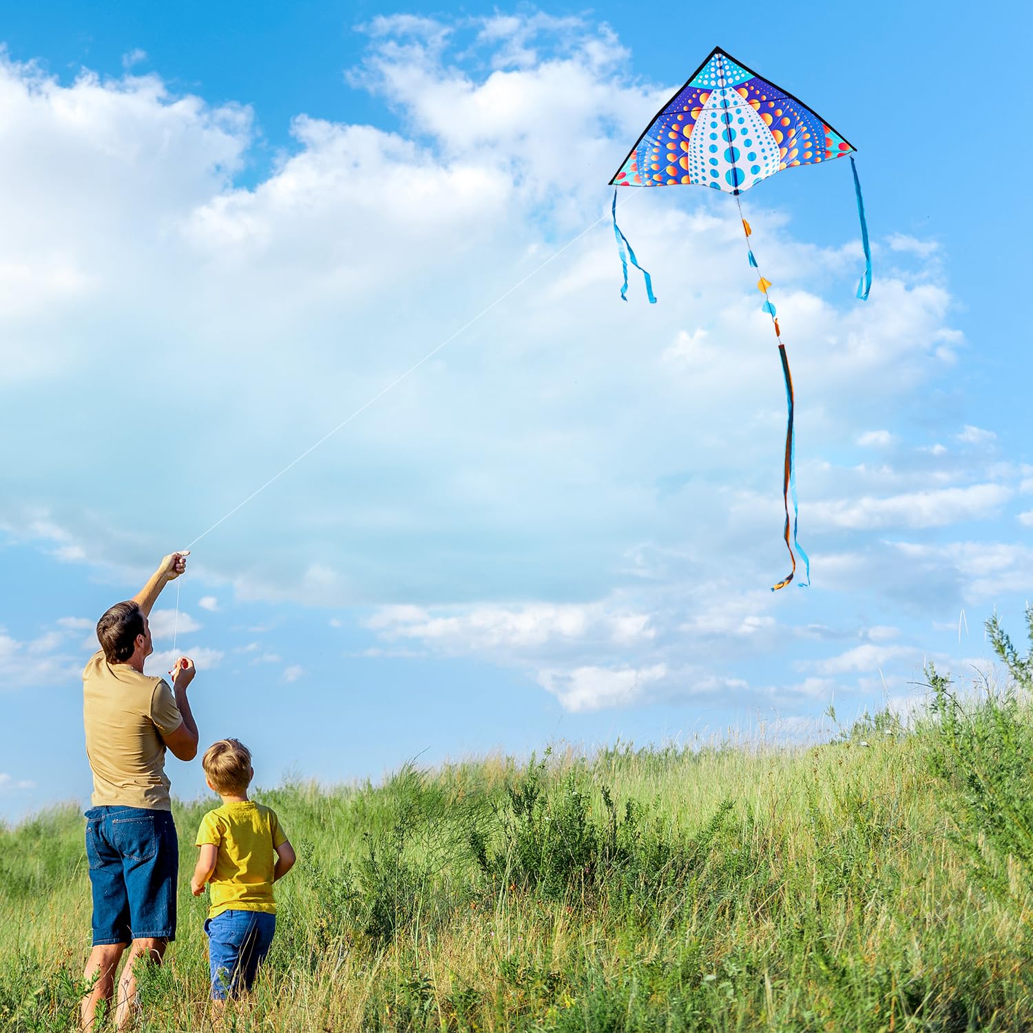 HONBO Large Delta Kite 53.5x30.3 Inches – Easy to Fly with Colorful Tails, Includes Line and Handle