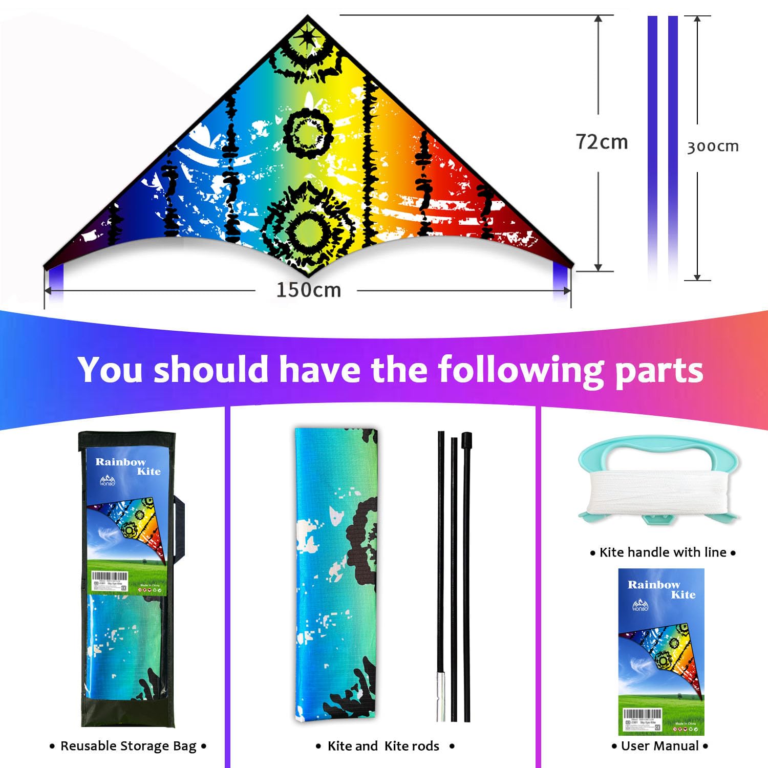 HONBO Large Delta Kite for Kids & Adults – Easy to Fly with Colorful Tail