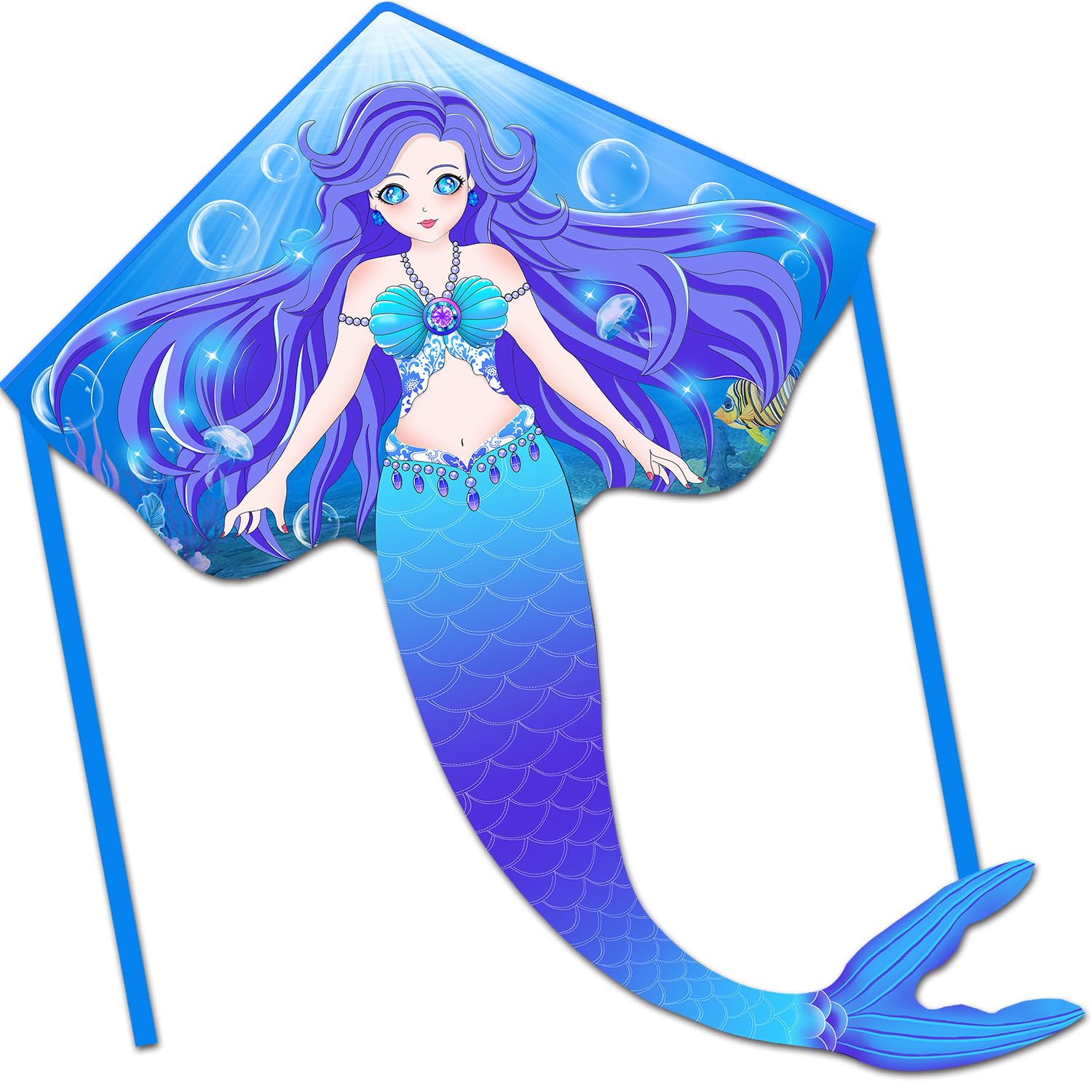 Honbo Large Mermaid Kite - Easy-Flying Delta Kite for Kids & Adults, Blue Nylon with Fiberglass Rods, Portable
