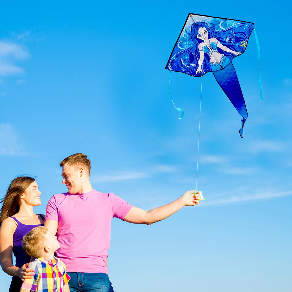 Honbo Large Mermaid Kite - Easy-Flying Delta Kite for Kids & Adults, Blue Nylon with Fiberglass Rods, Portable