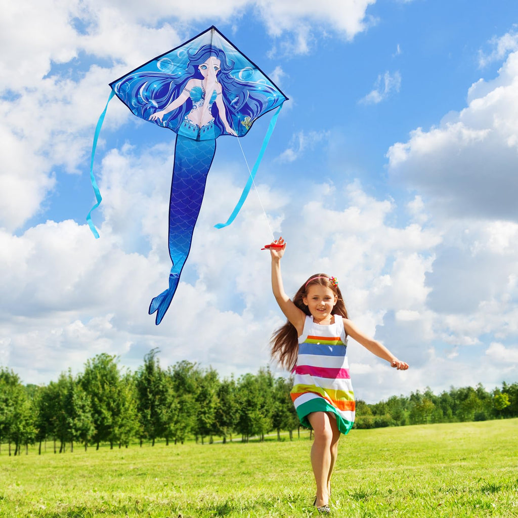 Honbo Large Mermaid Kite - Easy-Flying Delta Kite for Kids & Adults, Blue Nylon with Fiberglass Rods, Portable