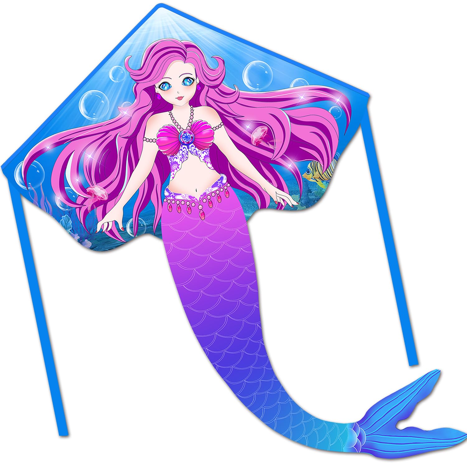 Honbo Large Mermaid Kite - Easy-Flying Delta Kite for Kids & Adults, Blue Nylon with Fiberglass Rods, Portable