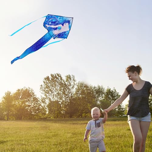 Honbo Large Mermaid Kite - Easy-Flying Delta Kite for Kids & Adults, Blue Nylon with Fiberglass Rods, Portable