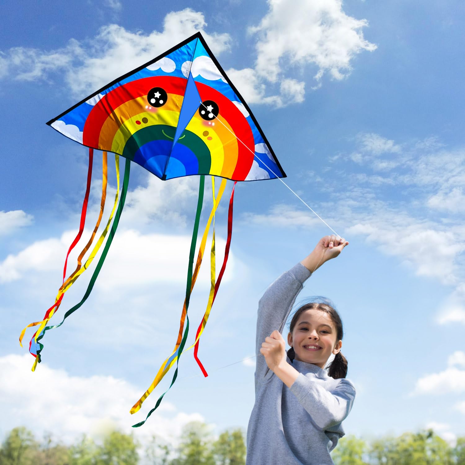 Honbo Large Rainbow Delta Kite – Easy to Fly with 8 Colorful Tails, 61'' x 29'', for Beginners Kids & Adults