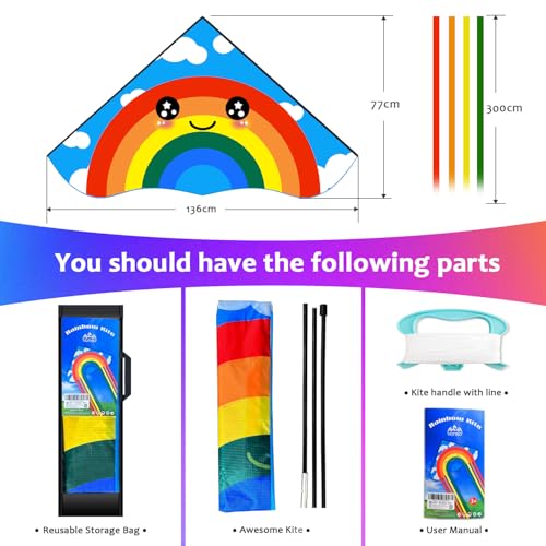 Honbo Large Rainbow Delta Kite – Easy to Fly with 8 Colorful Tails, 61'' x 29'', for Beginners Kids & Adults
