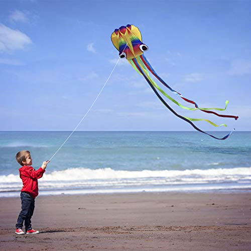 Honbo Rainbow Soft Octopus Kite – 14ft PVC Kite Ready to Fly with 11.5ft Tails
