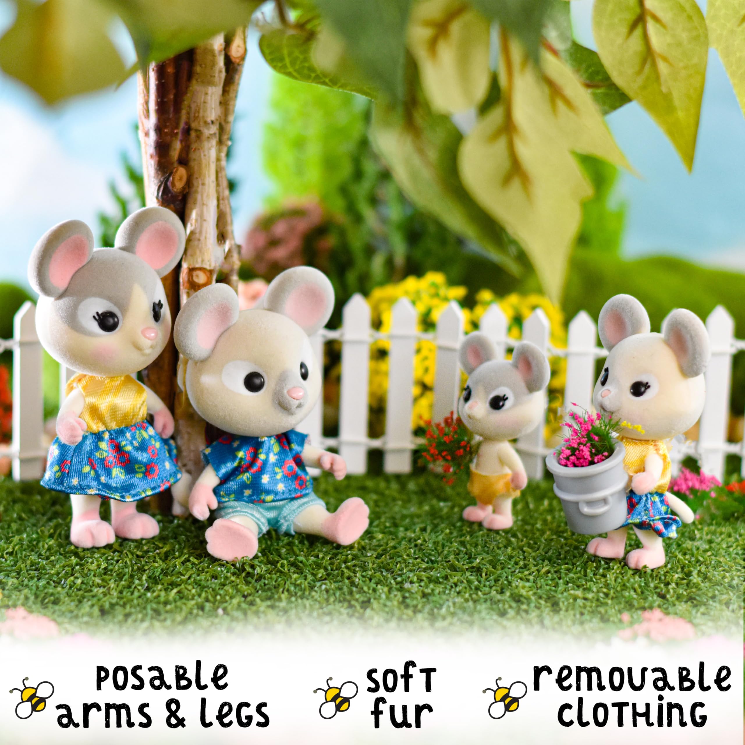 Honey Bee Acres The Cheddars Mouse Family: 4 Miniature Flocked Mouse Figures for Imaginative Play