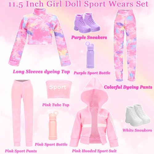 HONLAELLA 24-Piece Doll Clothes & Accessories Set - 8 Sport Outfits, Hooded Dress, Shoes, Sunglasses for 11.5 Inch Dolls
