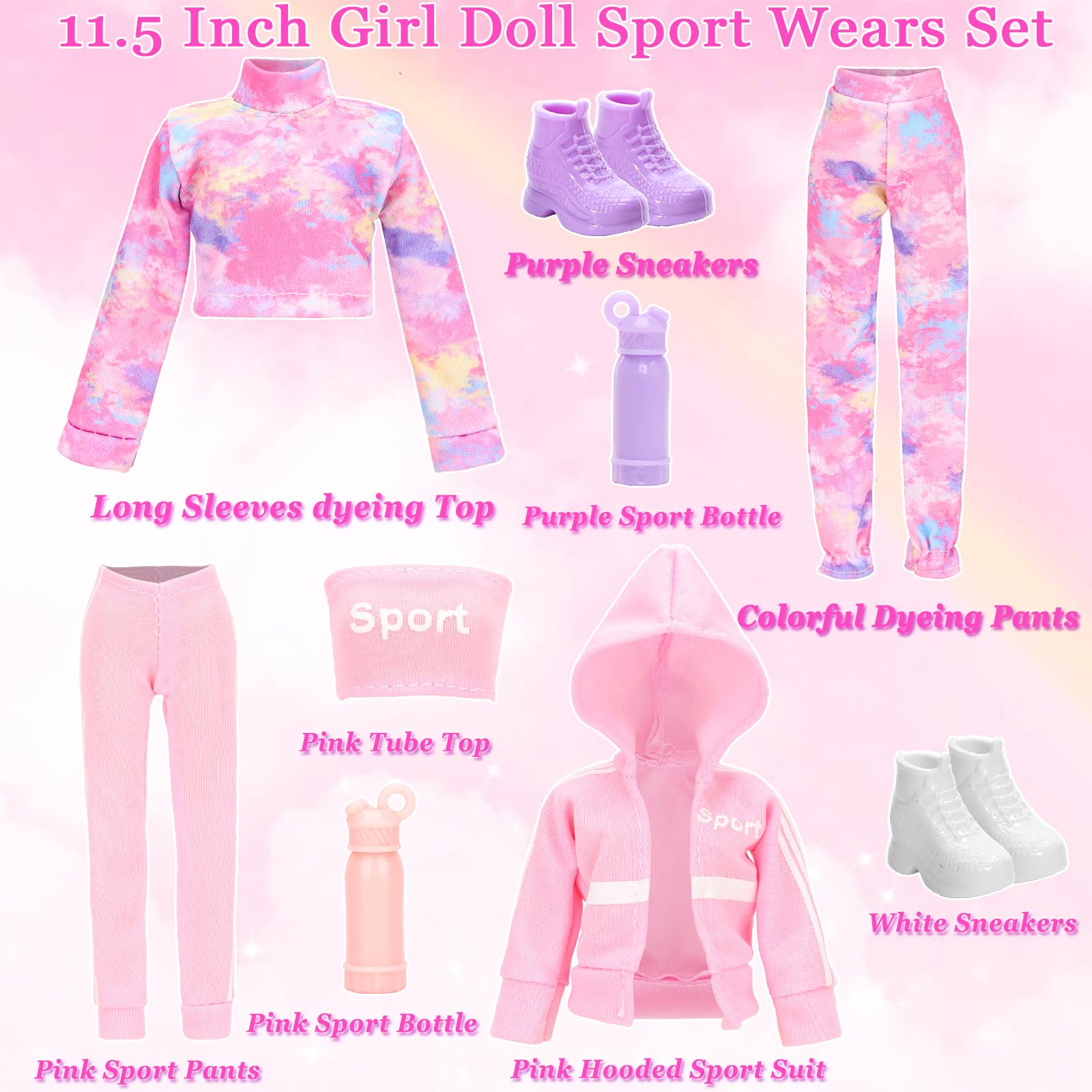 HONLAELLA 24-Piece Doll Clothes & Accessories Set - 8 Sport Outfits, Hooded Dress, Shoes, Sunglasses for 11.5 Inch Dolls