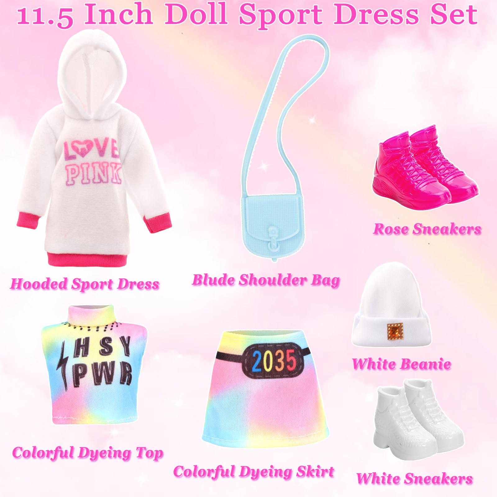 HONLAELLA 24-Piece Doll Clothes & Accessories Set - 8 Sport Outfits, Hooded Dress, Shoes, Sunglasses for 11.5 Inch Dolls