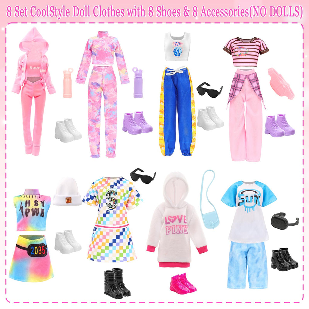 HONLAELLA 24-Piece Doll Clothes & Accessories Set - 8 Sport Outfits, Hooded Dress, Shoes, Sunglasses for 11.5 Inch Dolls