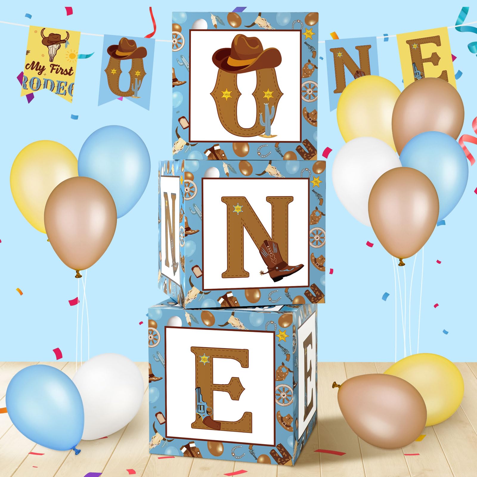 Honoson 3-Pack My First Rodeo Balloon Boxes - Brown Blue Cardstock 11.8 Inch Cubes for 1st Birthday Decorations