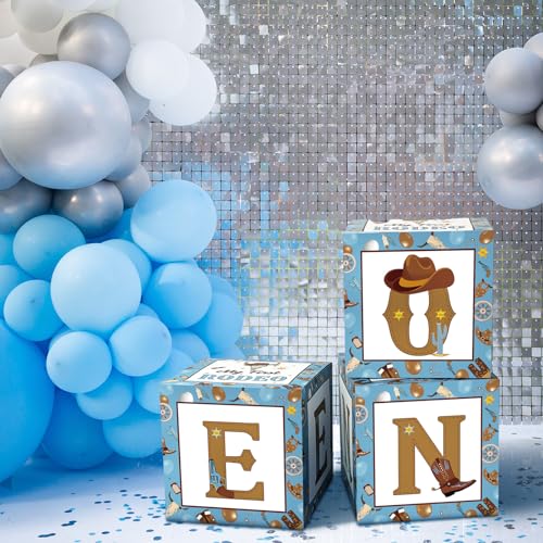Honoson 3-Pack My First Rodeo Balloon Boxes - Brown Blue Cardstock 11.8 Inch Cubes for 1st Birthday Decorations