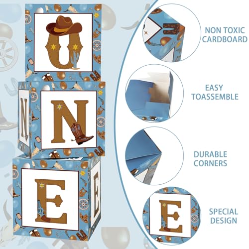 Honoson 3-Pack My First Rodeo Balloon Boxes - Brown Blue Cardstock 11.8 Inch Cubes for 1st Birthday Decorations