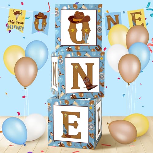 Honoson 3-Pack My First Rodeo Balloon Boxes - Brown Blue Cardstock 11.8 Inch Cubes for 1st Birthday Decorations