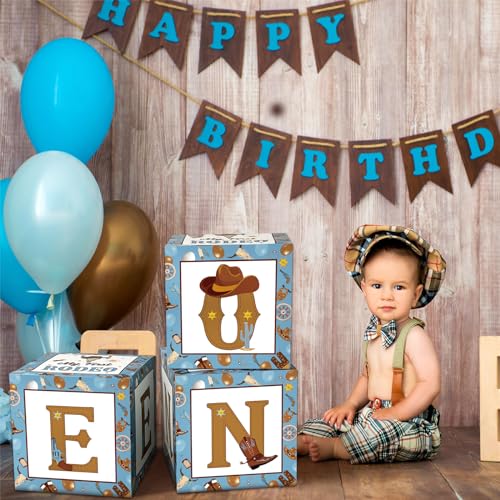 Honoson 3-Pack My First Rodeo Balloon Boxes - Brown Blue Cardstock 11.8 Inch Cubes for 1st Birthday Decorations