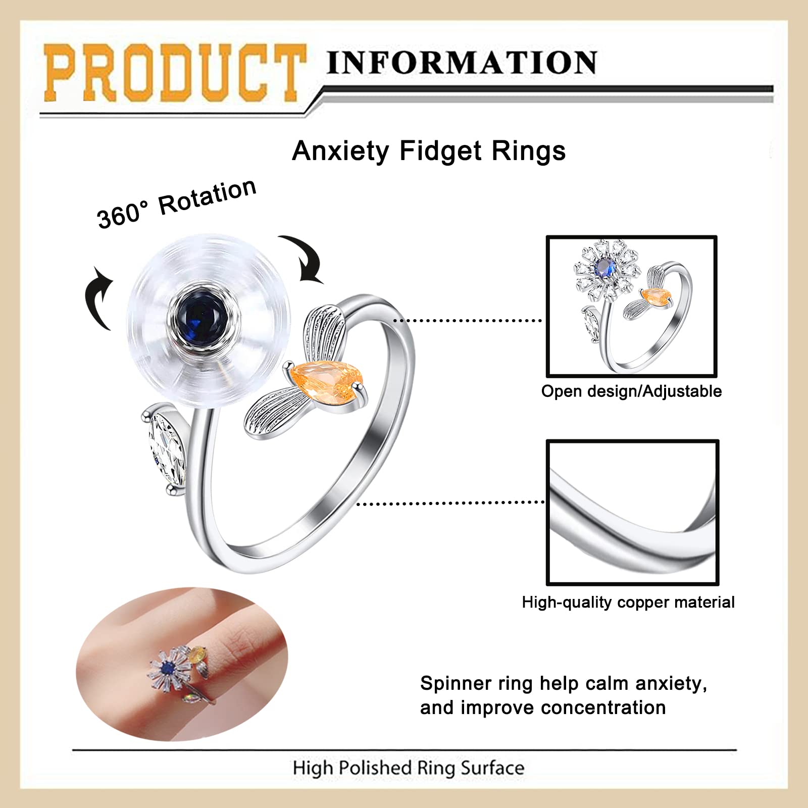 Honsny 6-Piece 14K Gold Plated Anxiety Rings Set for Women - Adjustable Spinner Fidget Rings
