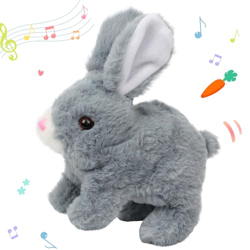 Hopearl Hopping Rabbit Interactive Electronic Pet Plush Toy - Gray, 7-inch Animated Bunny with Sounds and Movements
