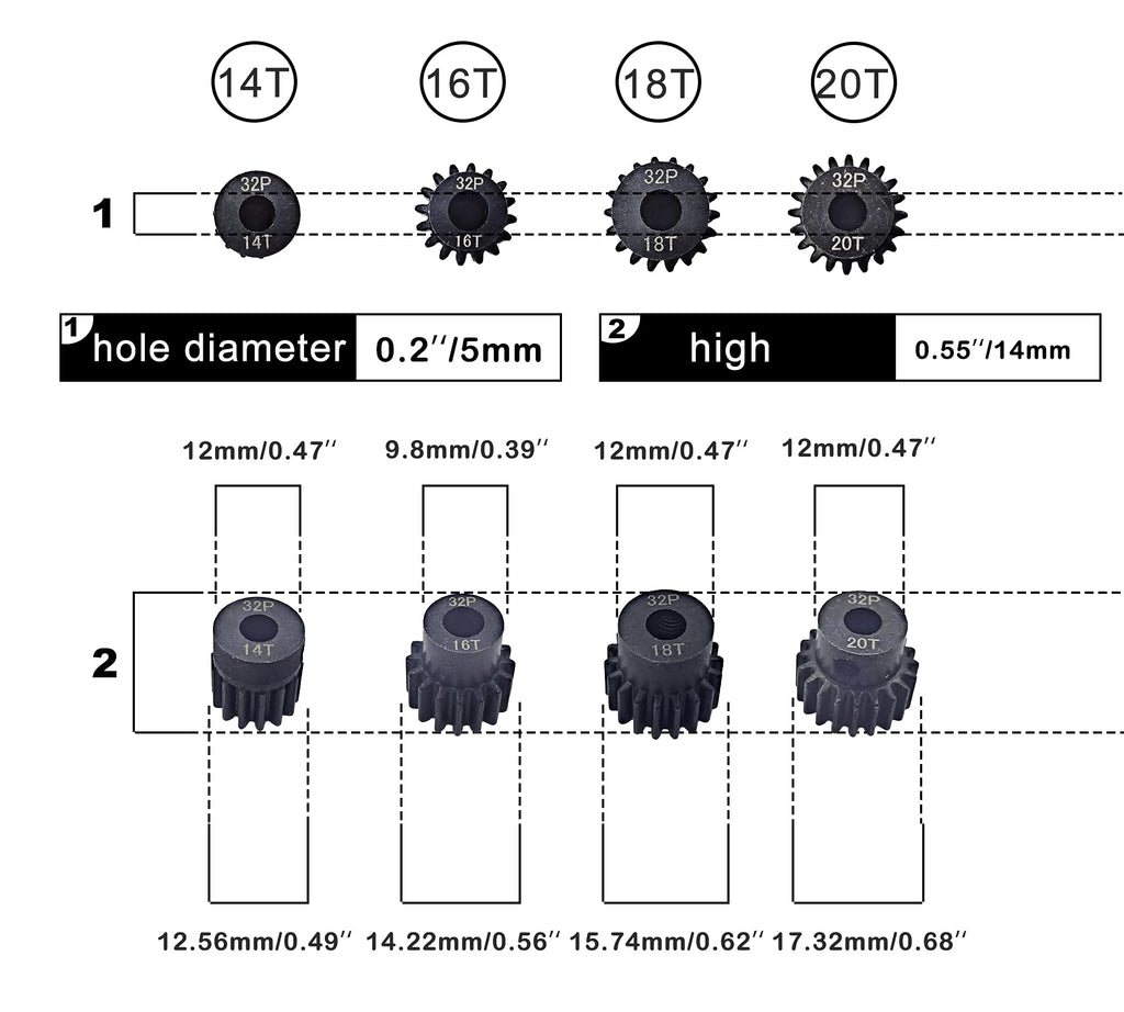 HOPLEX 32P Hardened Steel Pinion Gear Set 14T 16T 18T 20T with 3.175mm Coupler for RC