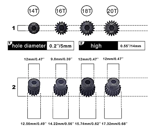 HOPLEX 32P Hardened Steel Pinion Gear Set 14T 16T 18T 20T with 3.175mm Coupler for RC