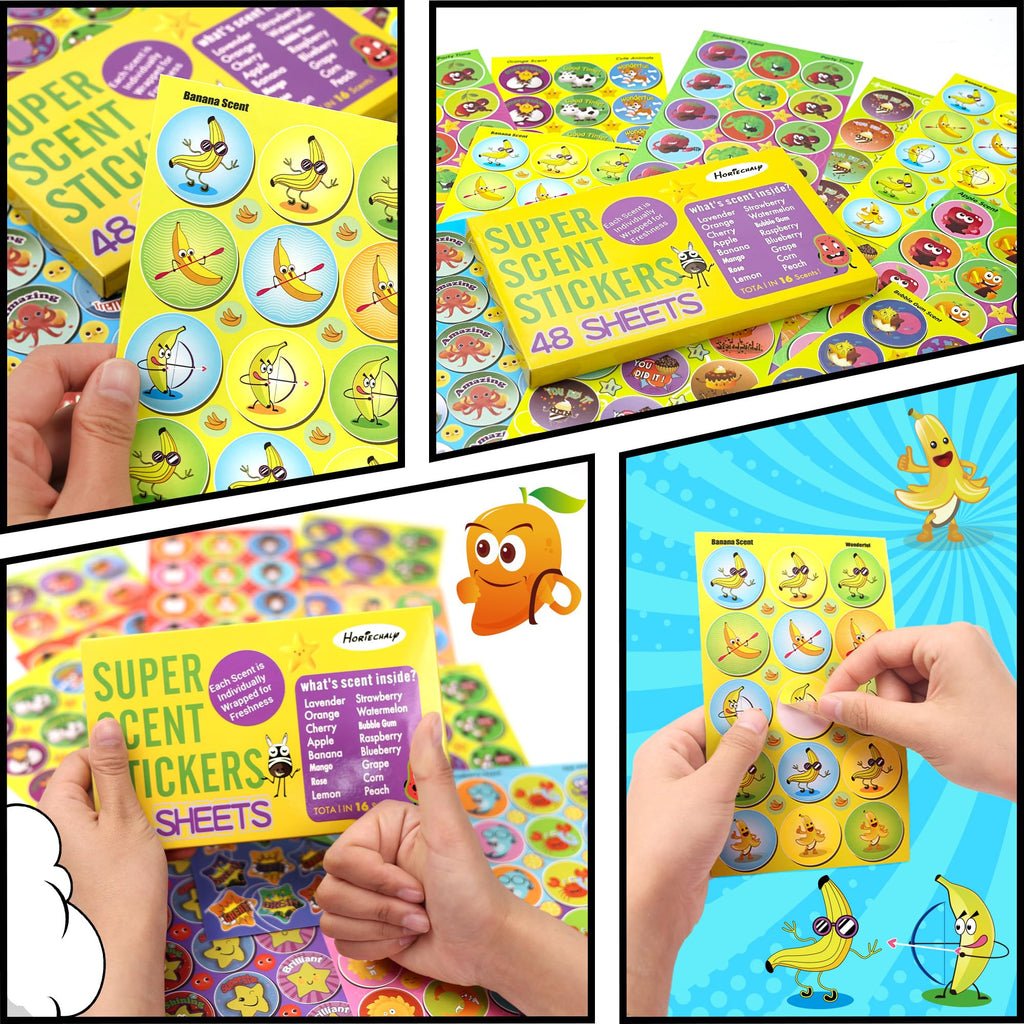 HORIECHALY Scratch and Sniff Stickers – 48 Sheets, 746 Pieces, 16 Scents for Kids Sensory Play