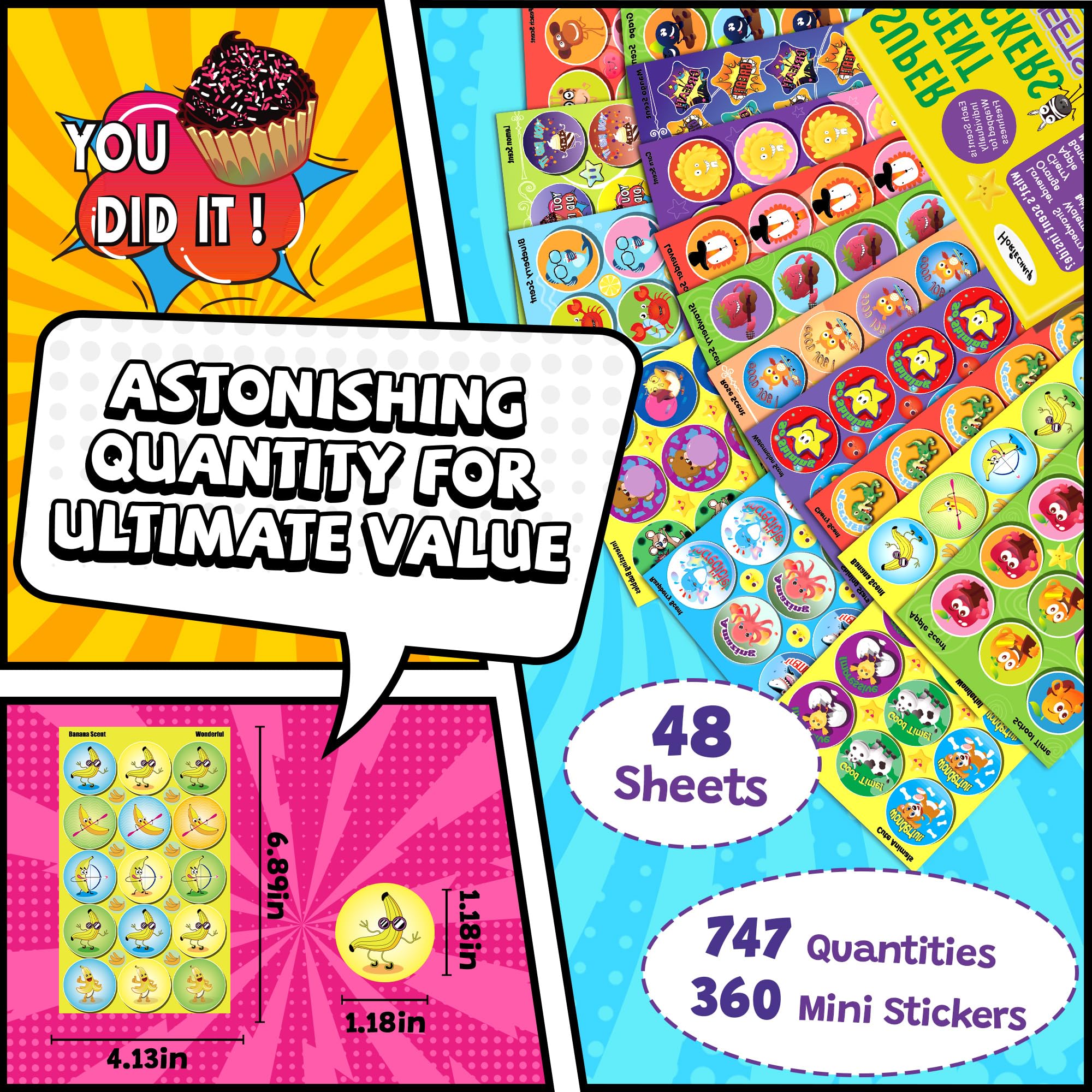 HORIECHALY Scratch and Sniff Stickers – 48 Sheets, 746 Pieces, 16 Scents for Kids Sensory Play