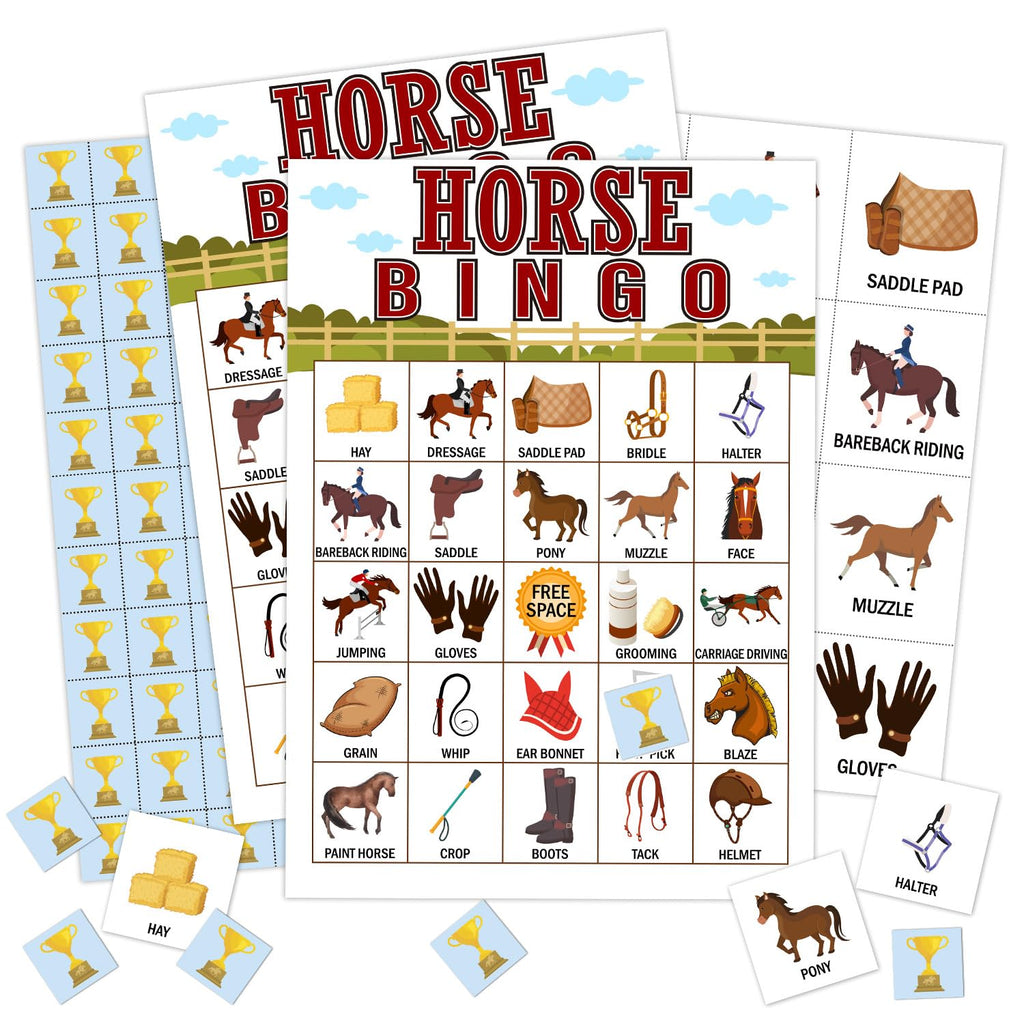 Horse Farm Bingo Cards - 24 Player Pony Party Bingo Game for Kids & Adults, Cowgirl Cowboy Theme Party Favor