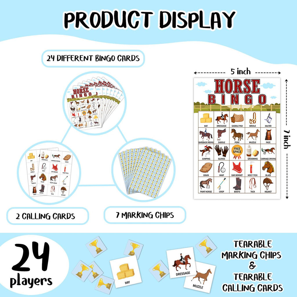 Horse Farm Bingo Cards - 24 Player Pony Party Bingo Game for Kids & Adults, Cowgirl Cowboy Theme Party Favor