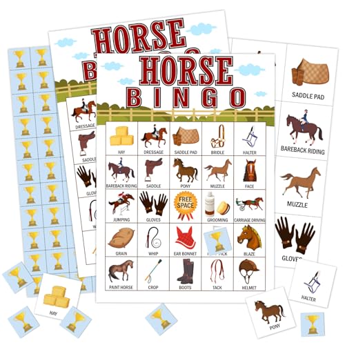 Horse Farm Bingo Cards - 24 Player Pony Party Bingo Game for Kids & Adults, Cowgirl Cowboy Theme Party Favor